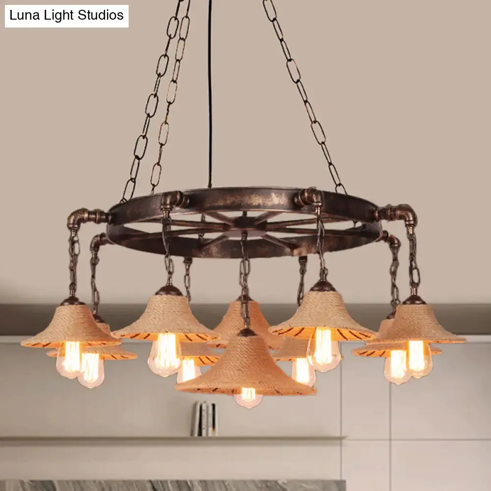 Retro Industrial Pendant Ceiling Fixture with Open Bulb, Rope, and Chain - Brown