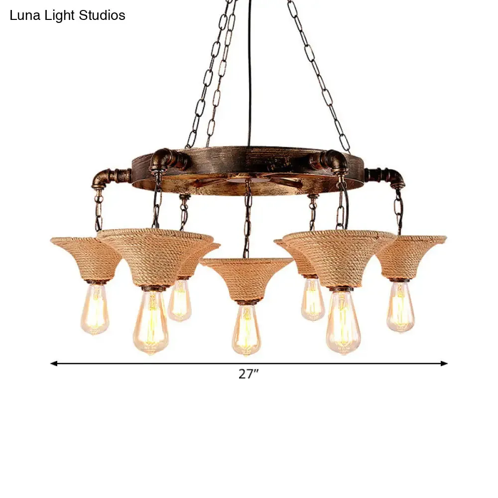 Retro Industrial Pendant Ceiling Fixture with Open Bulb, Rope, and Chain - Brown