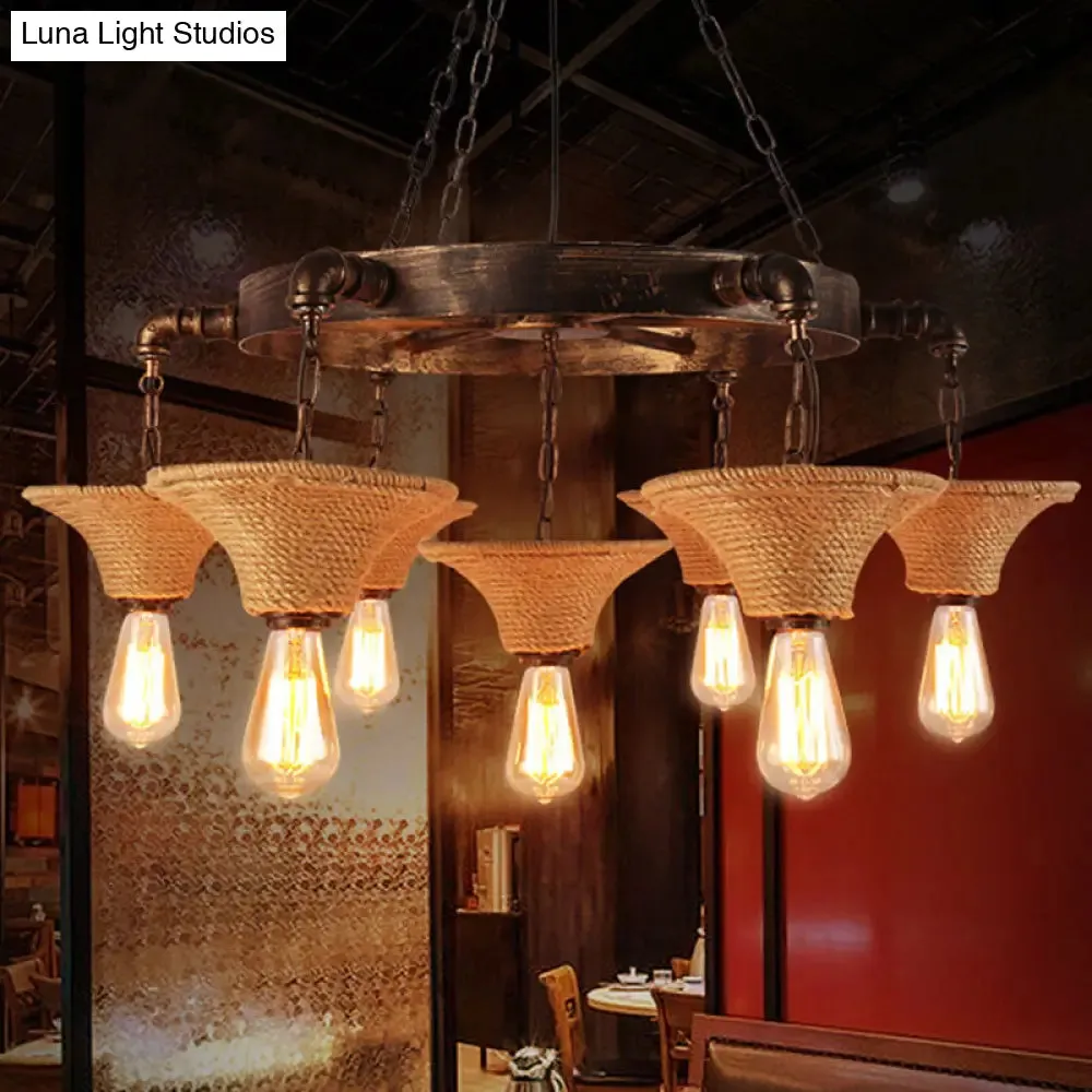 Retro Industrial Pendant Ceiling Fixture with Open Bulb, Rope, and Chain - Brown