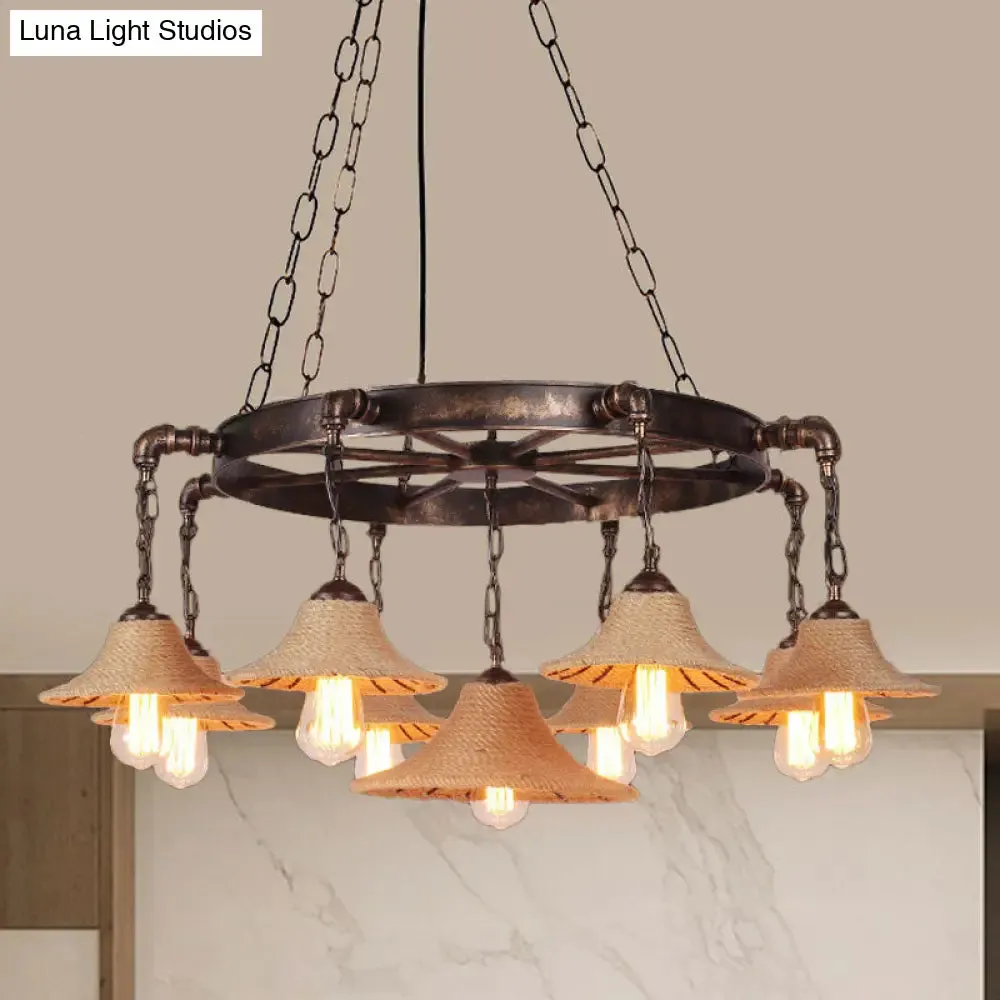 Retro Industrial Pendant Ceiling Fixture with Open Bulb, Rope, and Chain - Brown