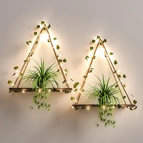 RICHER HOUSE Artificial Ivy LED-Strip Wall Hanging Shelves Set of 2, Macrame Shelf for Bedroom Bathroom Living Room Kitchen, Wood Hanging Plant Shelves for Wall Décor