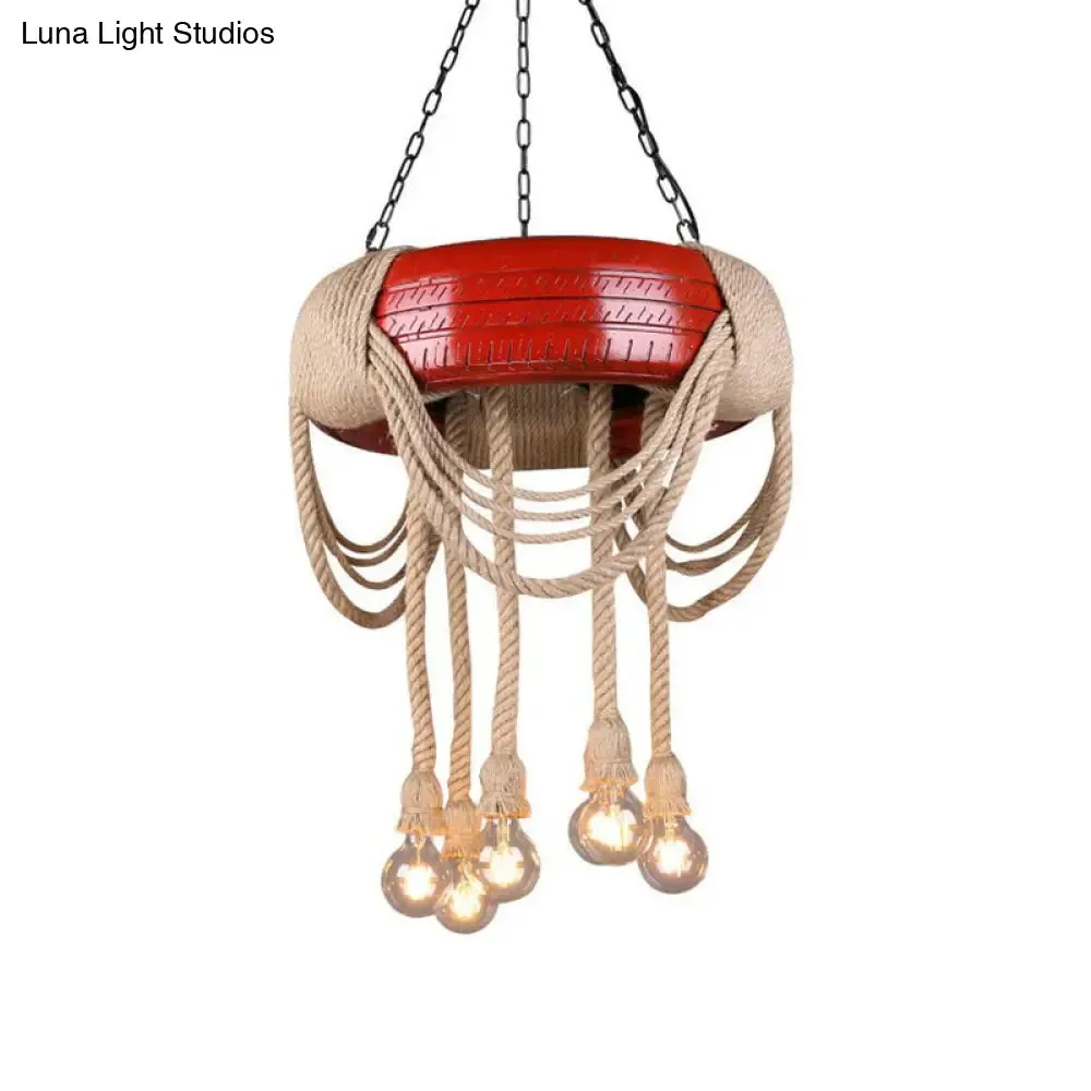 Rubber Warehouse 6-Head Tire Lamp with Hemp Rope - Red/Blue/Yellow Chandelier Pendant for Dining Room