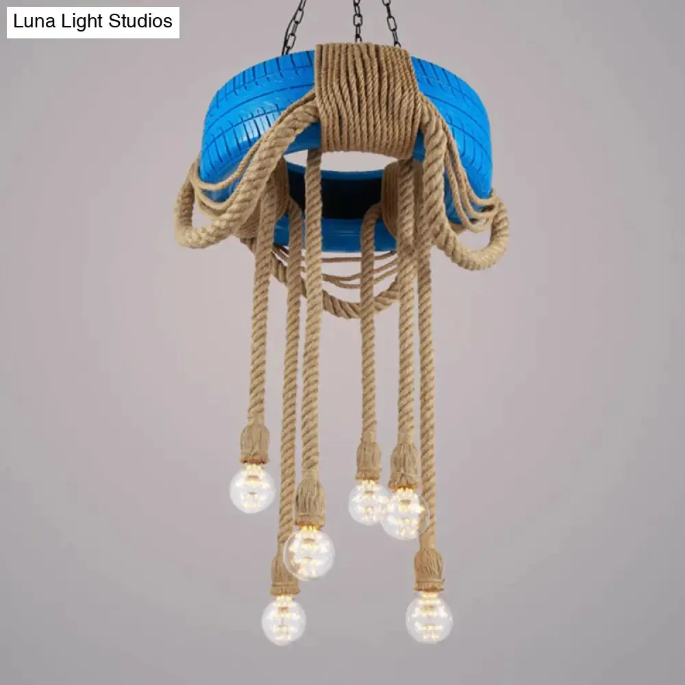 Rubber Warehouse 6-Head Tire Lamp with Hemp Rope - Red/Blue/Yellow Chandelier Pendant for Dining Room