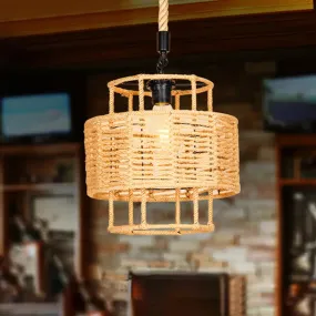 Rustic 2-Layered Cylinder Pendant Lamp with Rope and 1 Head for Living Room Ceiling in Brown