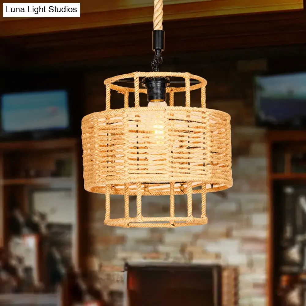 Rustic 2-Layered Cylinder Pendant Lamp with Rope and 1 Head for Living Room Ceiling in Brown