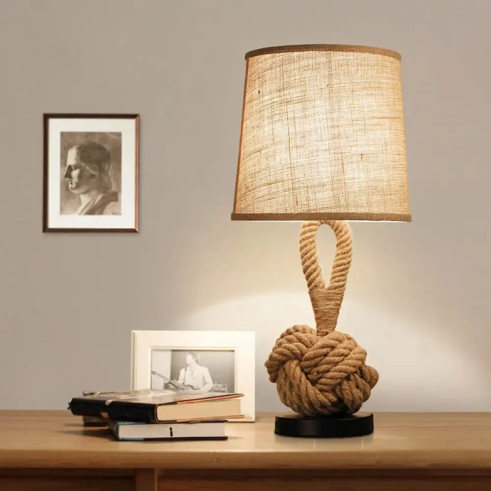 Rustic Flaxen Fabric Night Lamp with Twisted Rope Base - 1-Bulb Bucket Shade Table Light