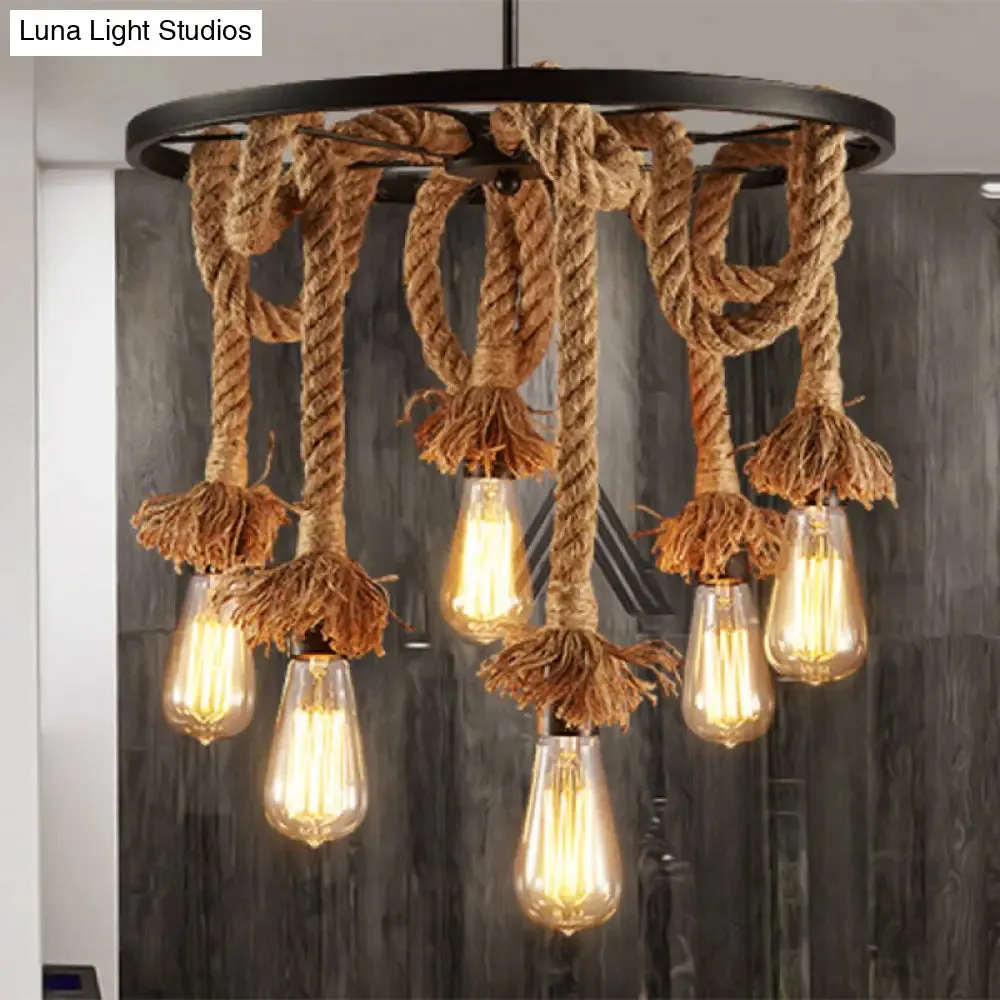 Rustic Hand-Wrapped Rope Chandelier with Decorative Wheel in Brown