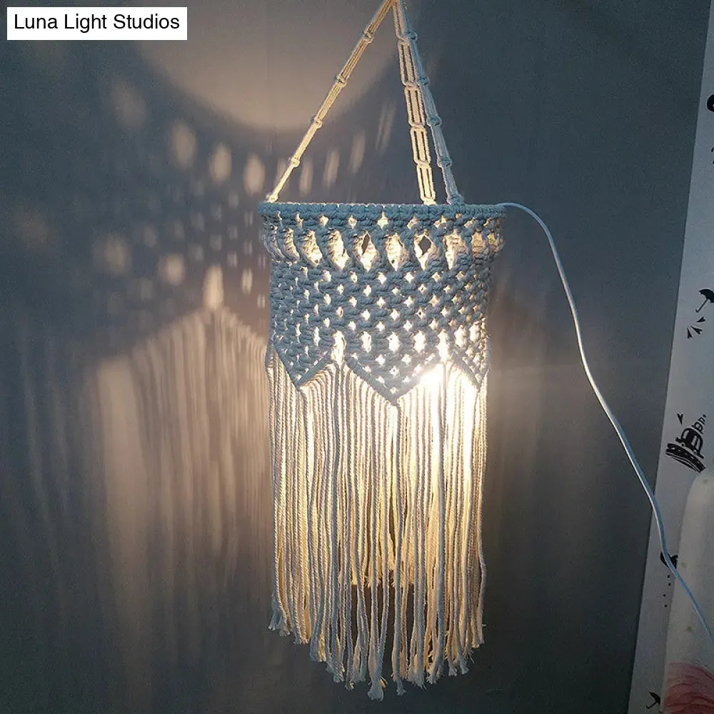 Rustic Hemp Rope Pendant Light with Criss-Cross Fringe, Corridor Drop Design - 1 Head, White