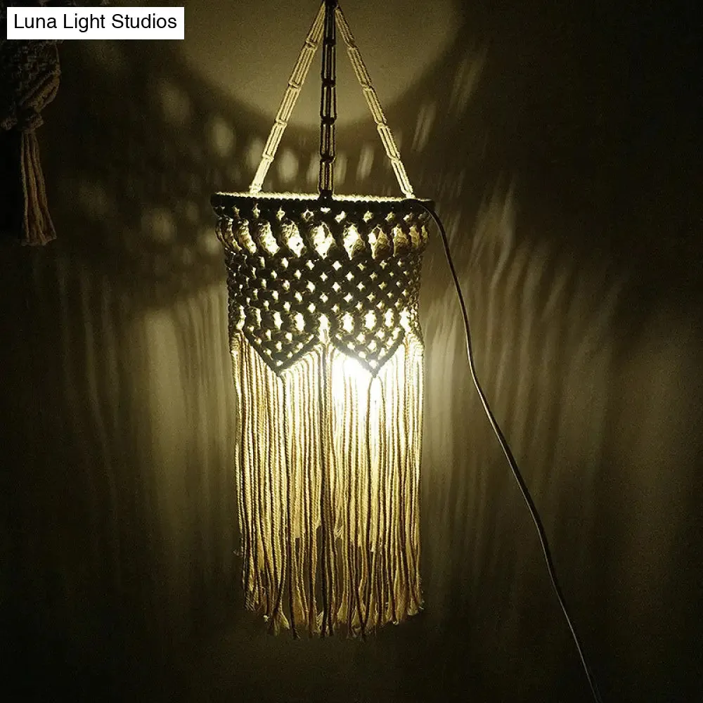 Rustic Hemp Rope Pendant Light with Criss-Cross Fringe, Corridor Drop Design - 1 Head, White