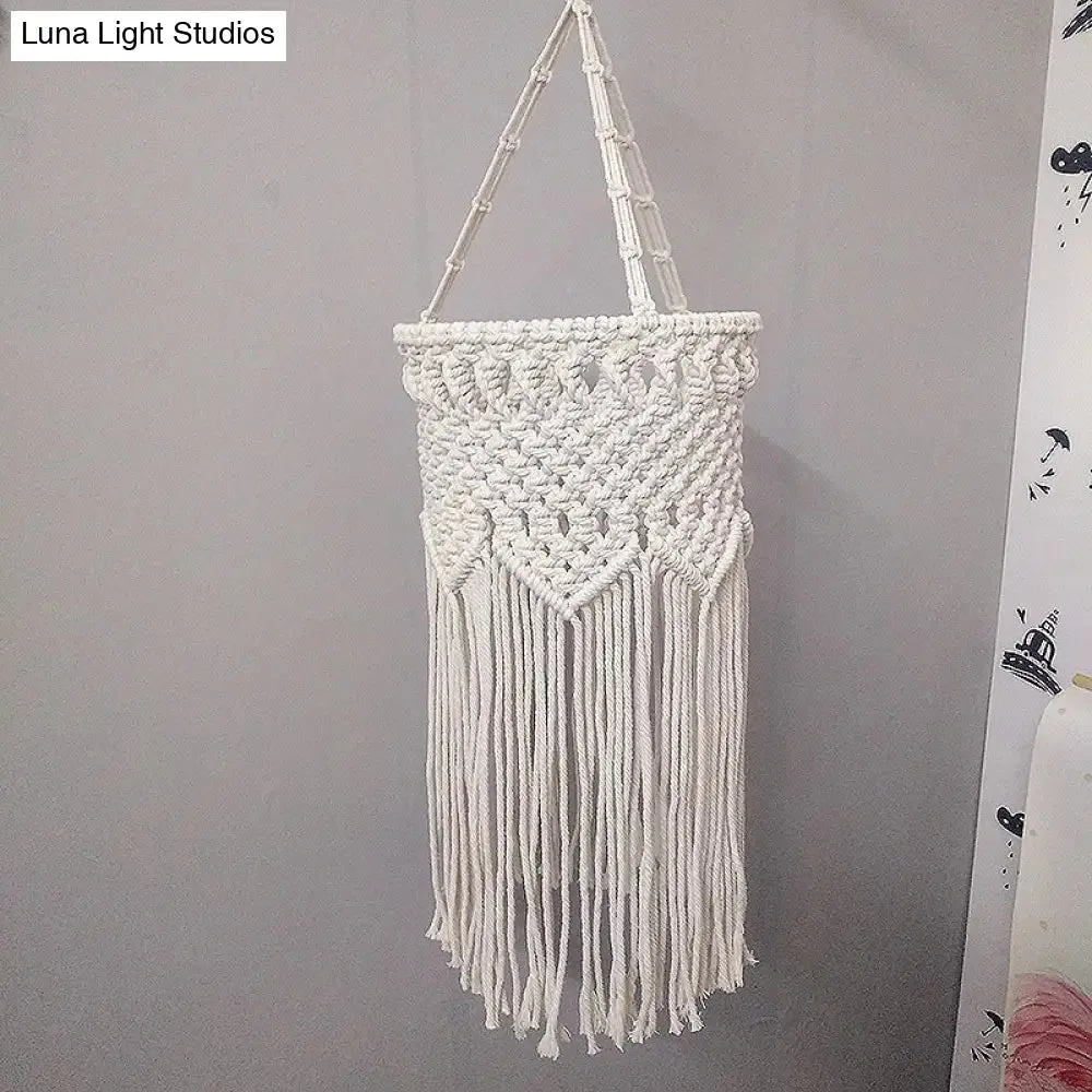 Rustic Hemp Rope Pendant Light with Criss-Cross Fringe, Corridor Drop Design - 1 Head, White