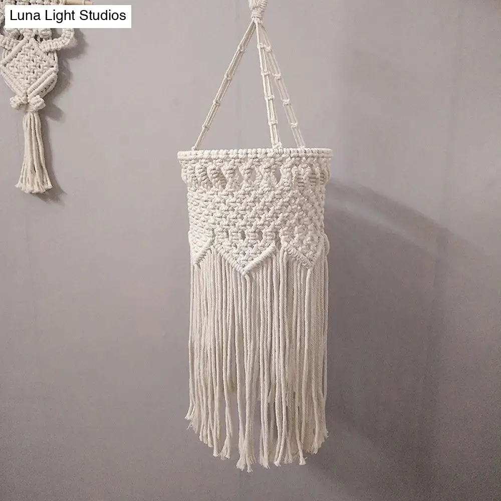 Rustic Hemp Rope Pendant Light with Criss-Cross Fringe, Corridor Drop Design - 1 Head, White