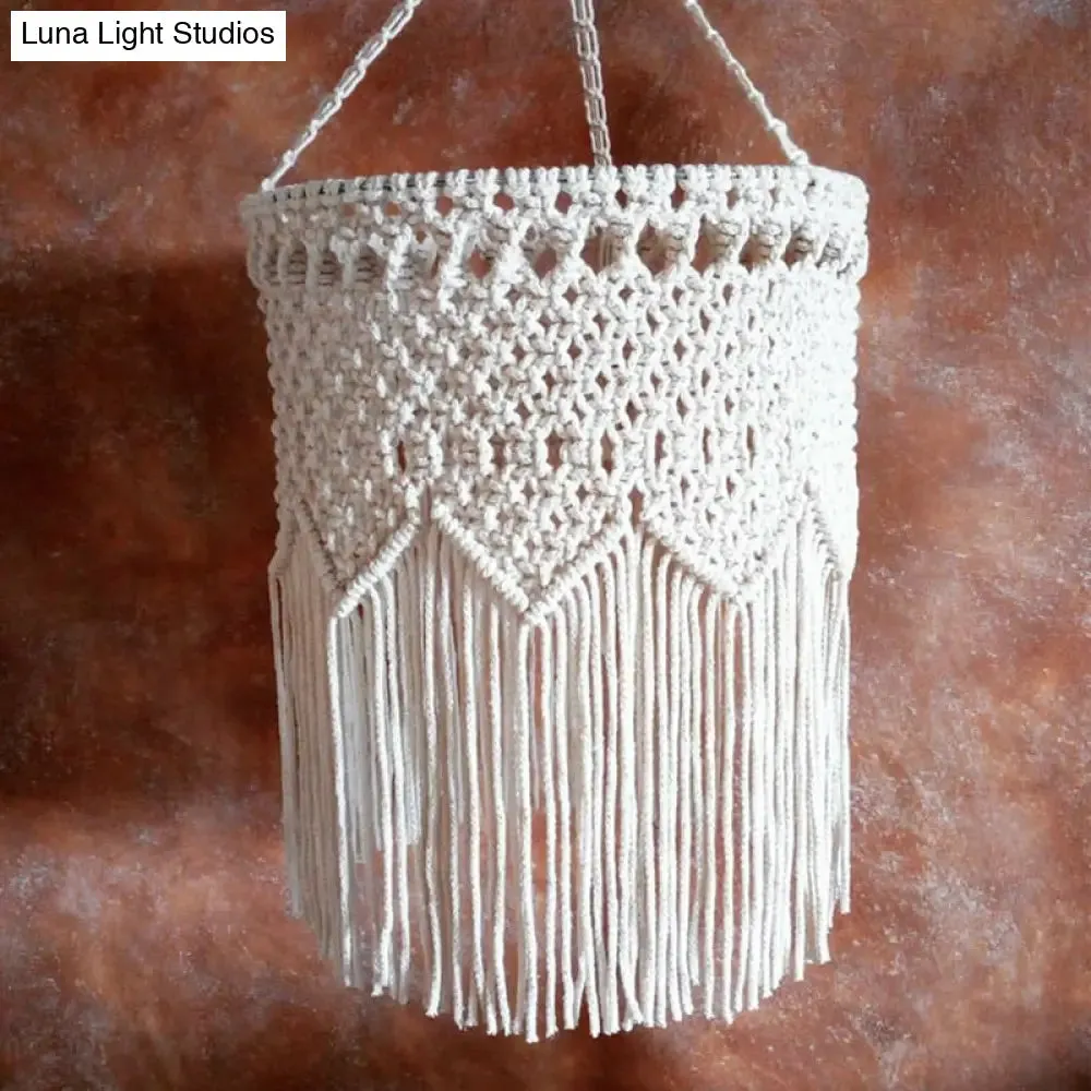 Rustic Hemp Rope Pendant Light with Criss-Cross Fringe, Corridor Drop Design - 1 Head, White