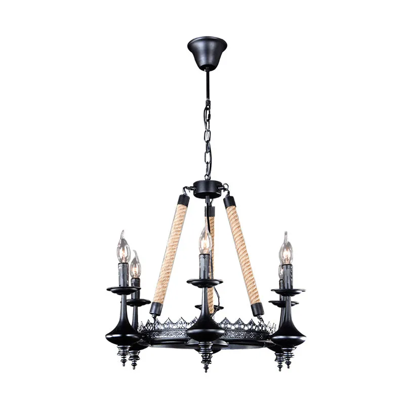 Rustic Metal & Rope Pendant Chandelier â€“ Black, 3/6/8-Light Candle, Dining Room Hanging Ceiling Fixture