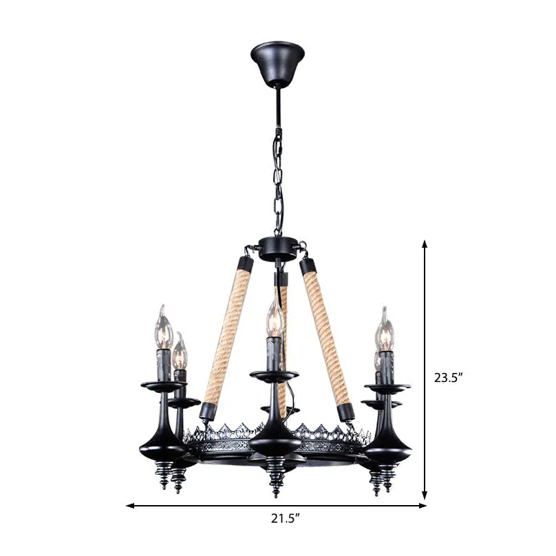 Rustic Metal & Rope Pendant Chandelier â€“ Black, 3/6/8-Light Candle, Dining Room Hanging Ceiling Fixture