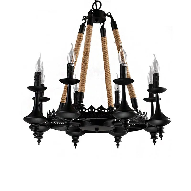 Rustic Metal & Rope Pendant Chandelier â€“ Black, 3/6/8-Light Candle, Dining Room Hanging Ceiling Fixture