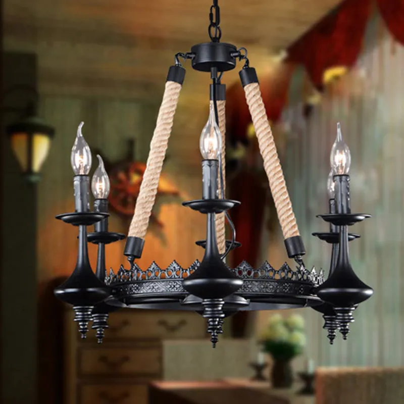 Rustic Metal & Rope Pendant Chandelier â€“ Black, 3/6/8-Light Candle, Dining Room Hanging Ceiling Fixture