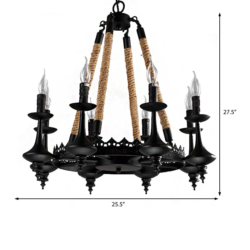 Rustic Metal & Rope Pendant Chandelier â€“ Black, 3/6/8-Light Candle, Dining Room Hanging Ceiling Fixture