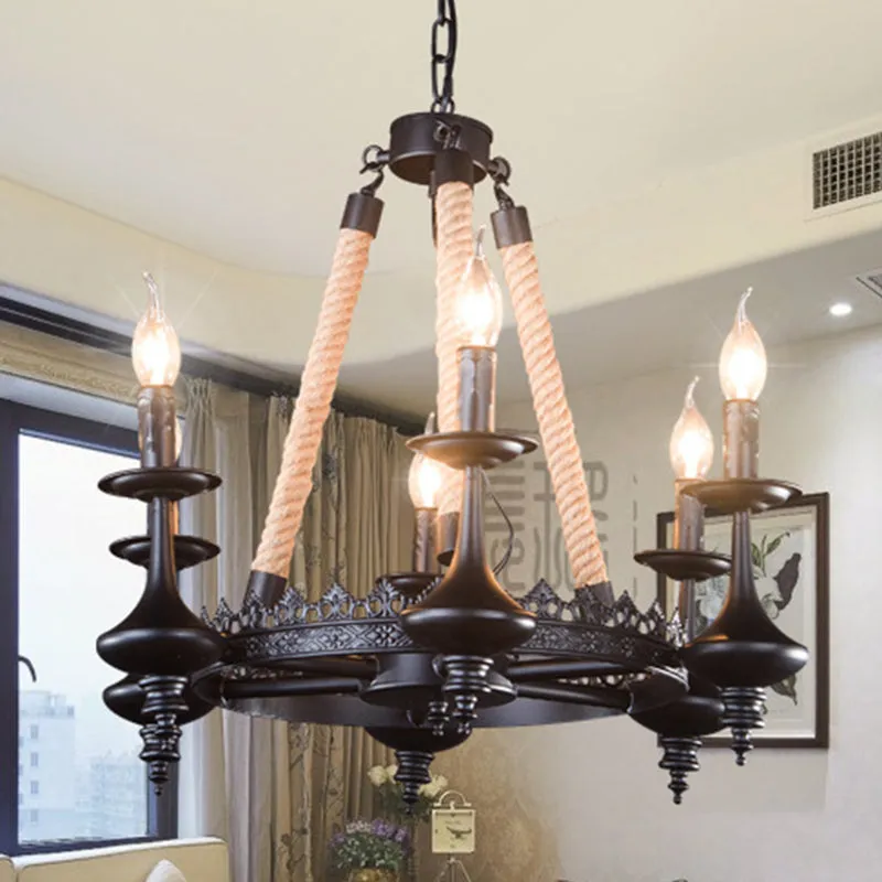 Rustic Metal & Rope Pendant Chandelier â€“ Black, 3/6/8-Light Candle, Dining Room Hanging Ceiling Fixture