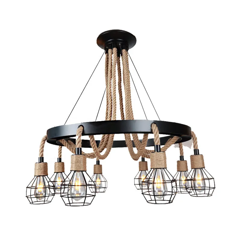 Rustic Metal and Rope Chandelier - Globe Pendant Lighting, 6/8 Light, Black with Ring