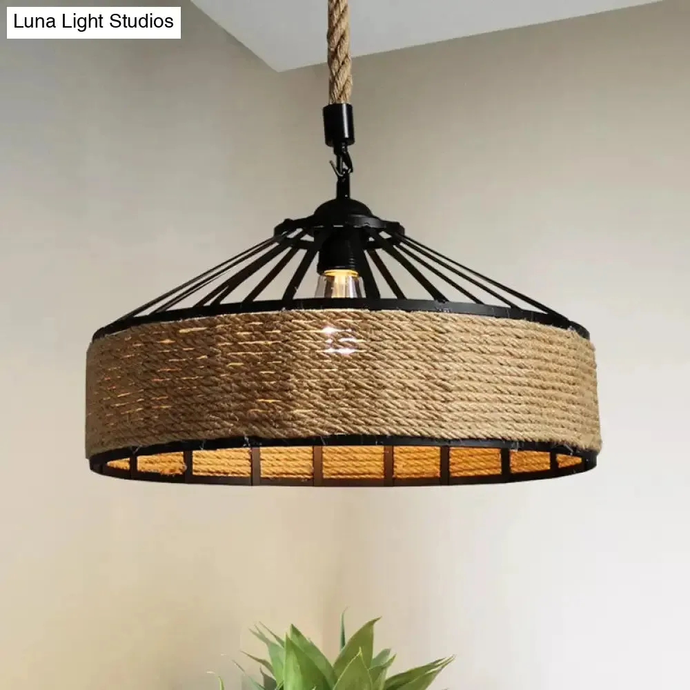 Rustic Rope Hanging Pendant Light Fixture for Dining Room with Barn Caged Design - Brown, 1-Light, 12"/16"/19.5" Wide