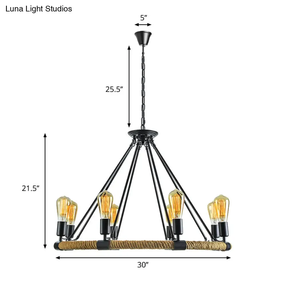 Rustic Rope Ring Chandelier - Lodge Style Pendant Light with Adjustable Chain, 6/8 Heads, Black