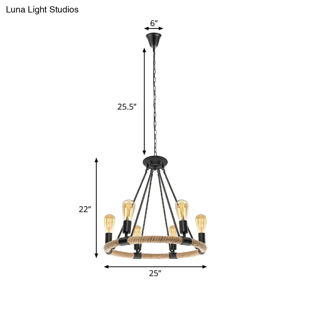 Rustic Rope Ring Chandelier - Lodge Style Pendant Light with Adjustable Chain, 6/8 Heads, Black