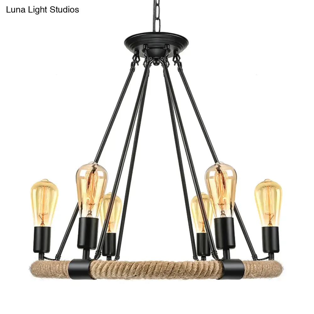 Rustic Rope Ring Chandelier - Lodge Style Pendant Light with Adjustable Chain, 6/8 Heads, Black