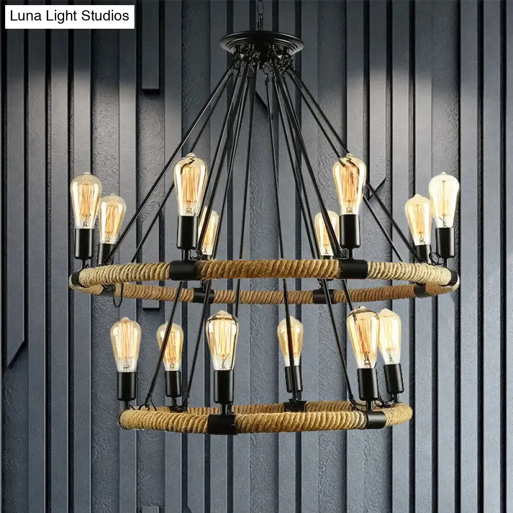 Rustic Rope Ring Chandelier - Lodge Style Pendant Light with Adjustable Chain, 6/8 Heads, Black