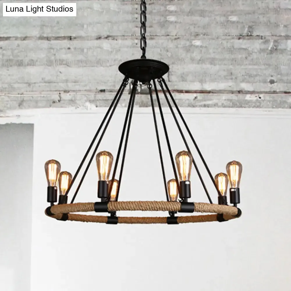 Rustic Rope Ring Chandelier - Lodge Style Pendant Light with Adjustable Chain, 6/8 Heads, Black