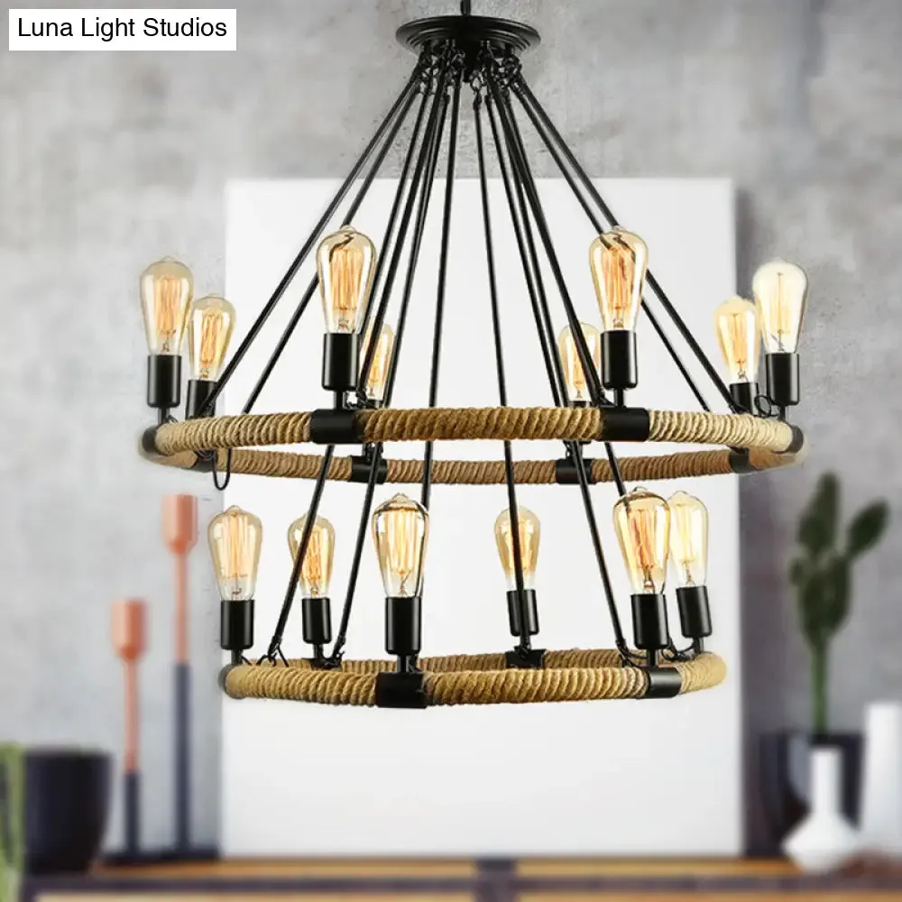 Rustic Rope Ring Chandelier - Lodge Style Pendant Light with Adjustable Chain, 6/8 Heads, Black