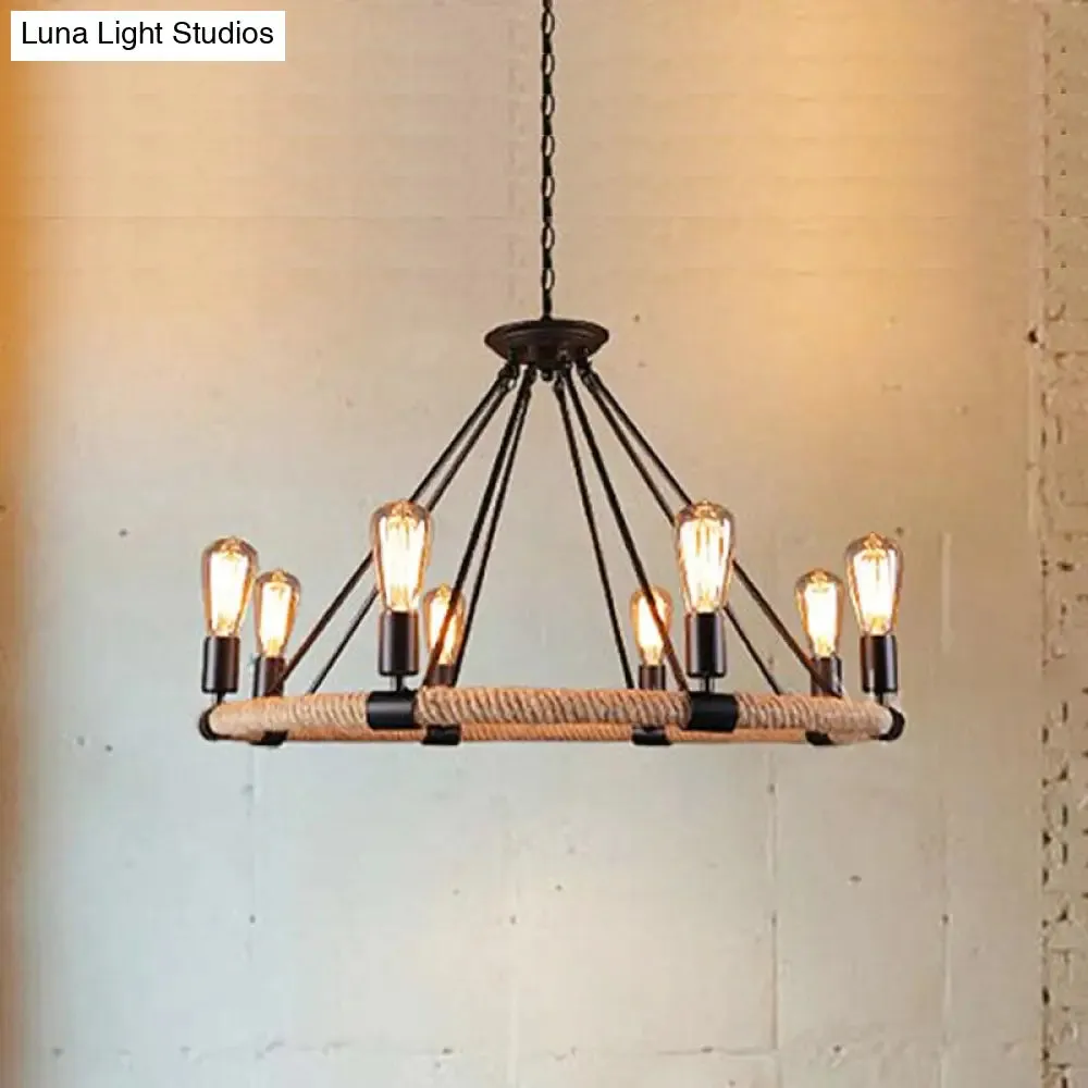 Rustic Rope Ring Chandelier - Lodge Style Pendant Light with Adjustable Chain, 6/8 Heads, Black