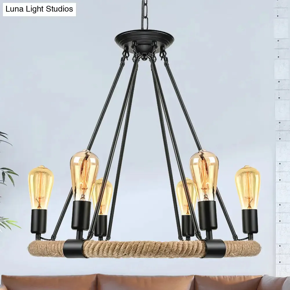 Rustic Rope Ring Chandelier - Lodge Style Pendant Light with Adjustable Chain, 6/8 Heads, Black