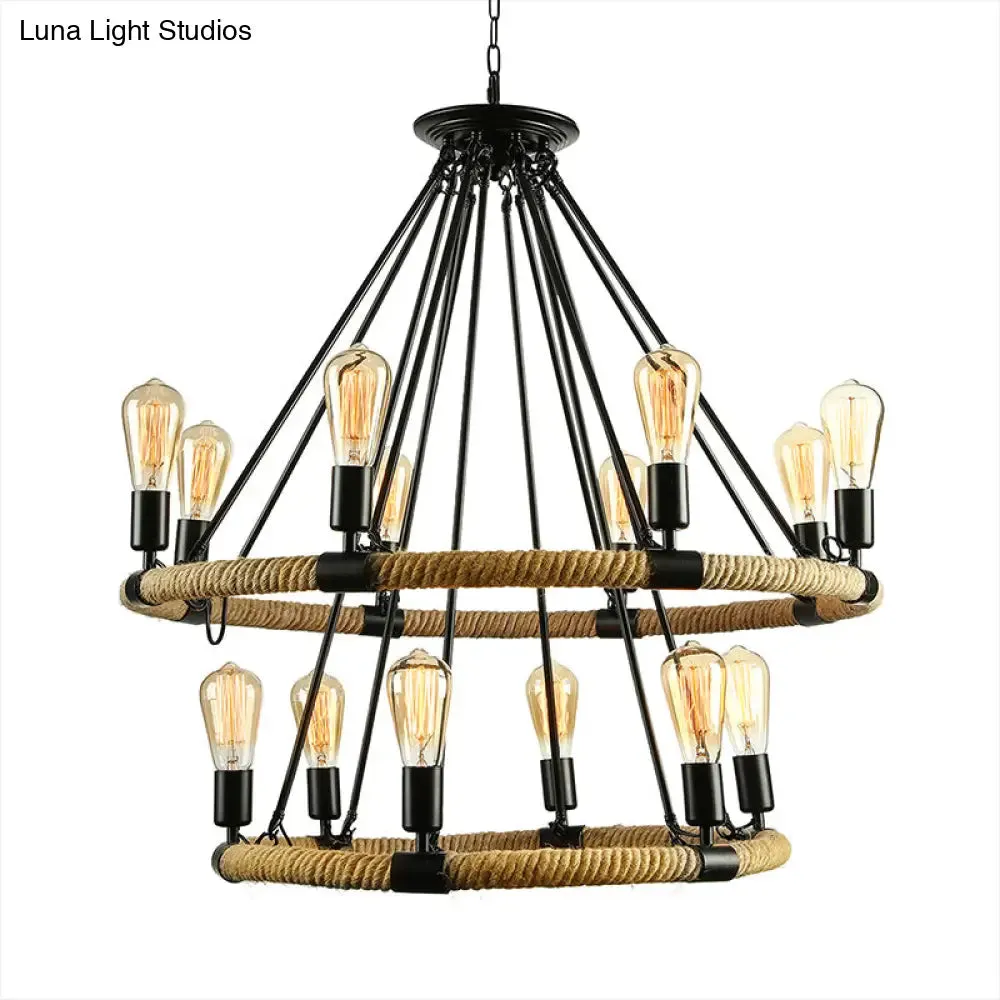 Rustic Rope Ring Chandelier - Lodge Style Pendant Light with Adjustable Chain, 6/8 Heads, Black