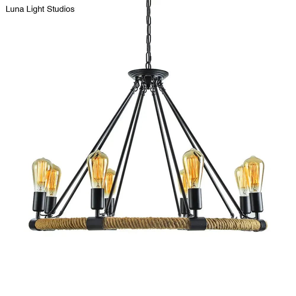 Rustic Rope Ring Chandelier - Lodge Style Pendant Light with Adjustable Chain, 6/8 Heads, Black