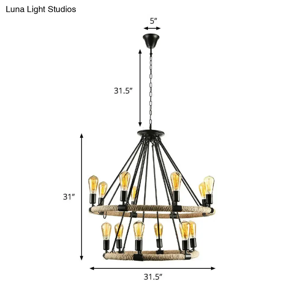 Rustic Rope Ring Chandelier - Lodge Style Pendant Light with Adjustable Chain, 6/8 Heads, Black