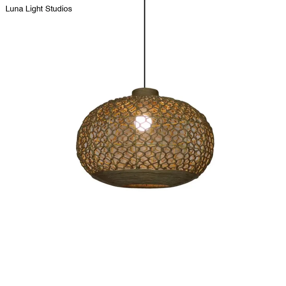 Rustic Single Bulb Pendant Lighting Kit: Oval Lantern Hemp Rope Hanging Lamp in Flaxen