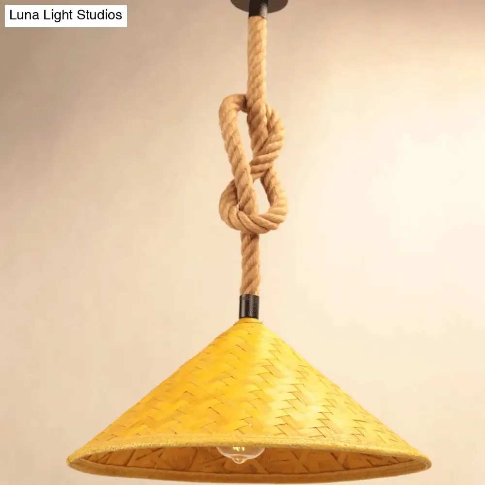 Rustic Straw Hat Rope Rattan Pendant Light for Farmhouse - 1 Light Ceiling Pendant Kit