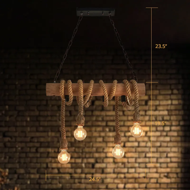 Rustic Wood and Rope Island Pendant Light Fixture - 4-Head Open Bulb Suspension Lighting