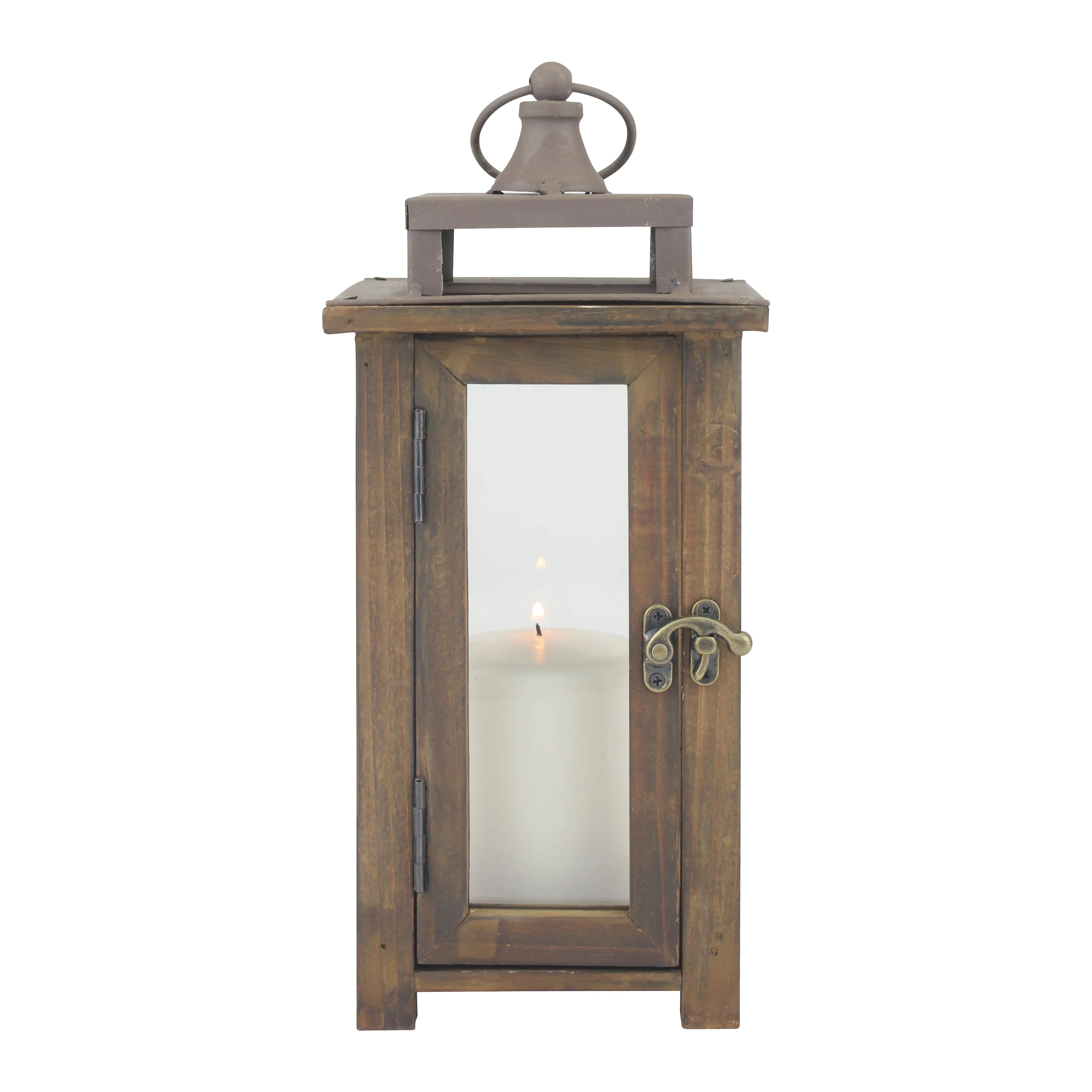 Rustic Wooden Hurricane Candle Lantern with Handle and Hinged Door - (WS)