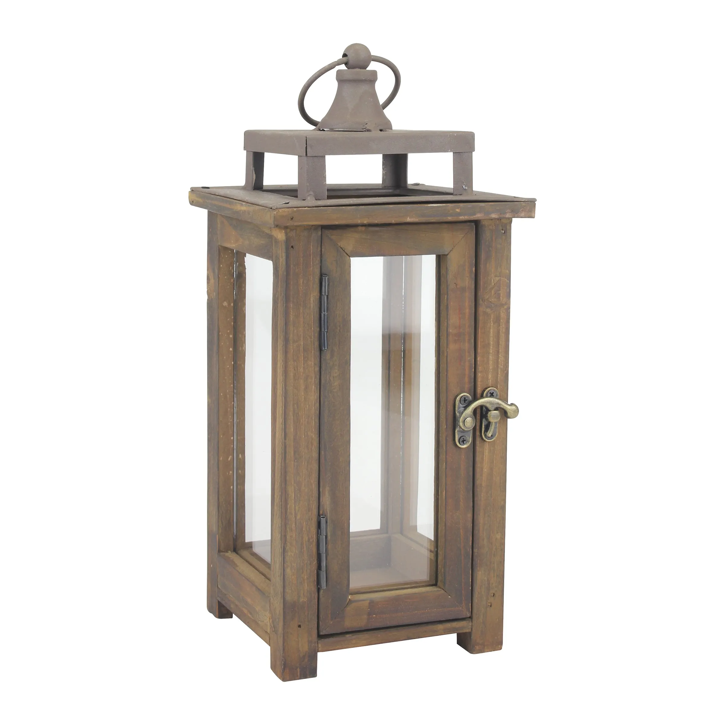 Rustic Wooden Hurricane Candle Lantern with Handle and Hinged Door - (WS)