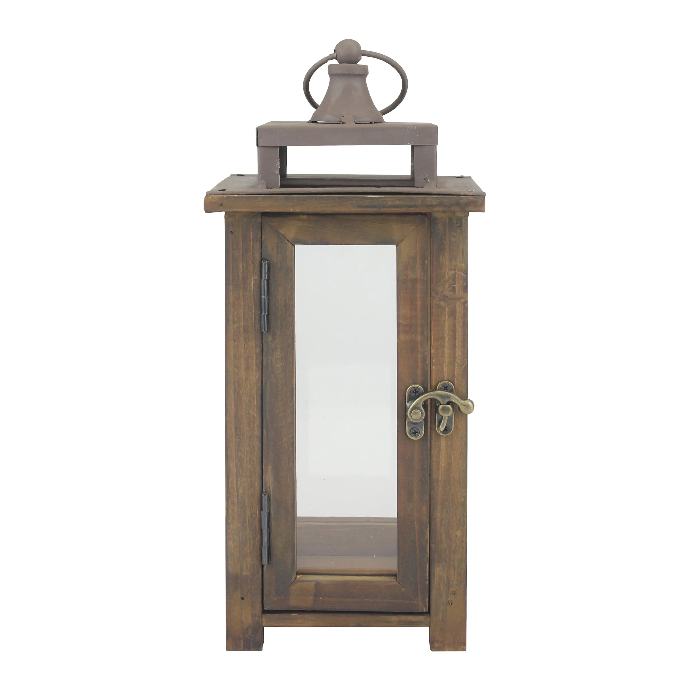 Rustic Wooden Hurricane Candle Lantern with Handle and Hinged Door - (WS)