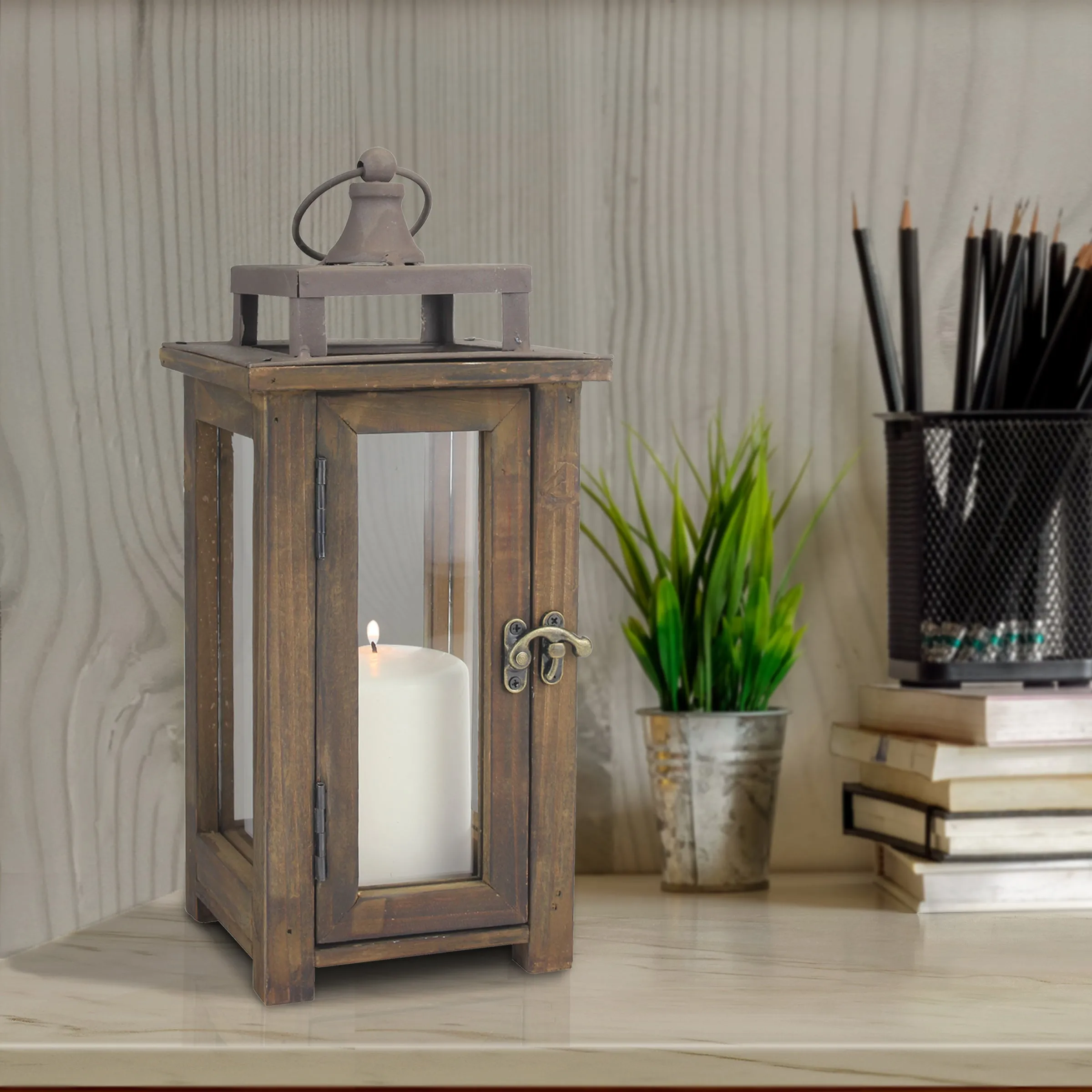 Rustic Wooden Hurricane Candle Lantern with Handle and Hinged Door - (WS)