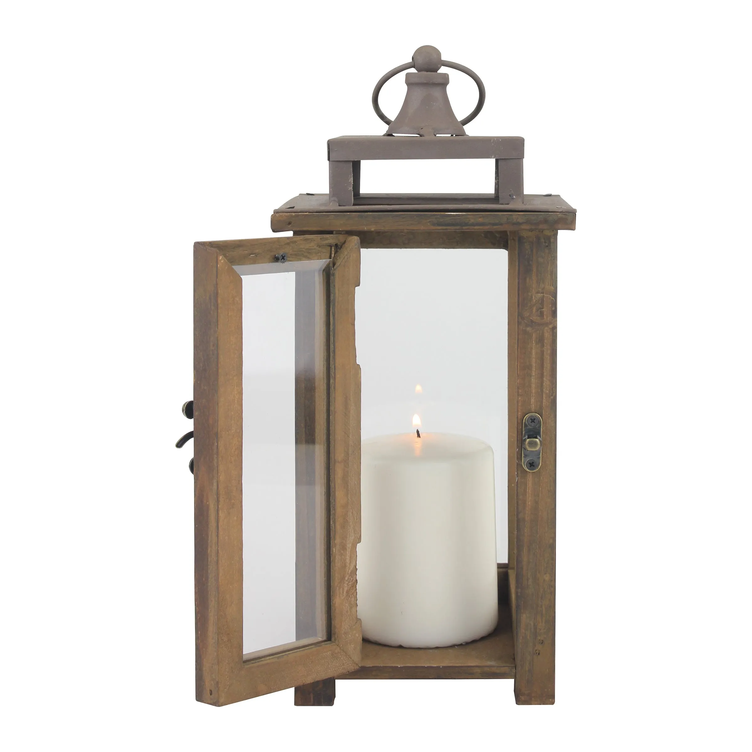 Rustic Wooden Hurricane Candle Lantern with Handle and Hinged Door - (WS)