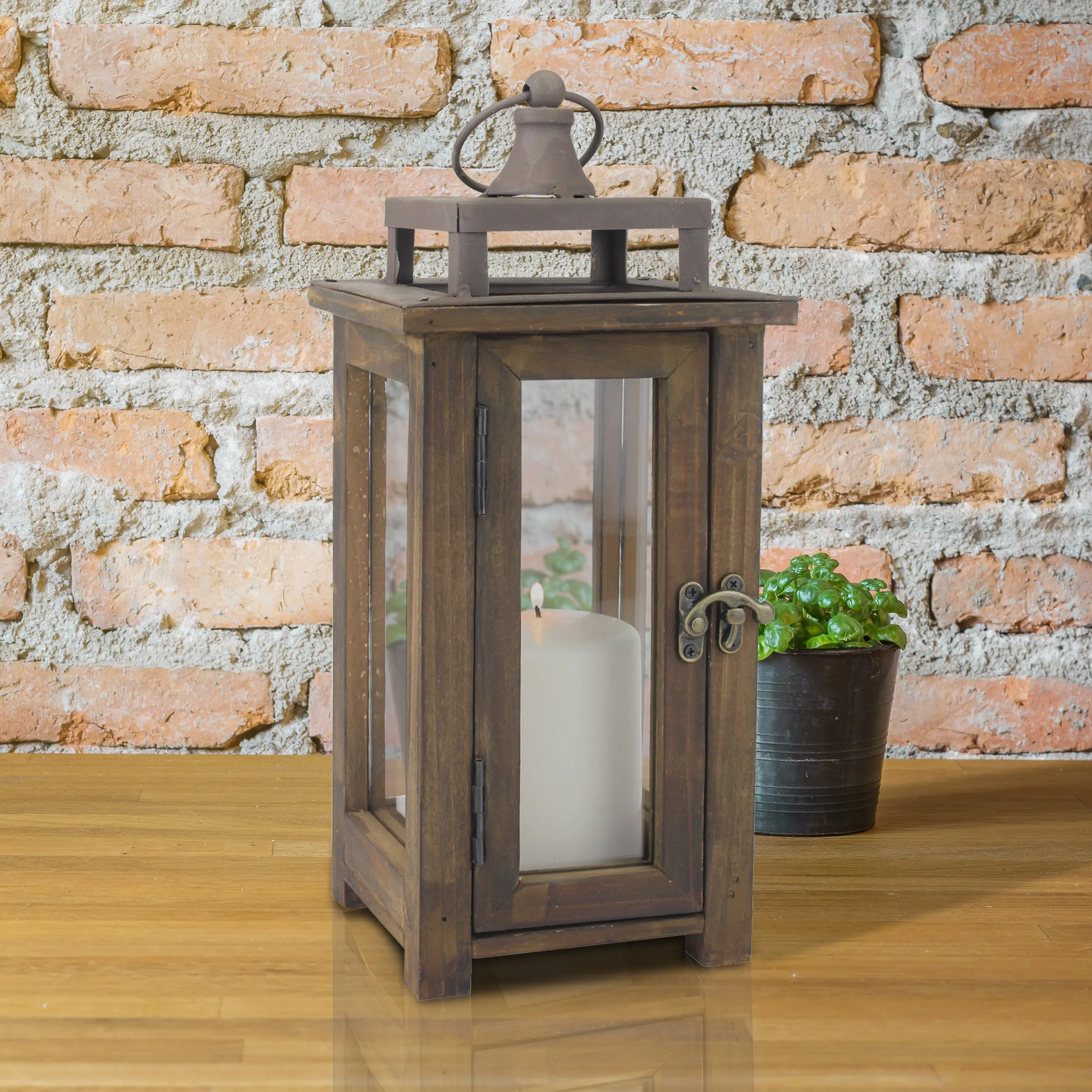 Rustic Wooden Hurricane Candle Lantern with Handle and Hinged Door - (WS)