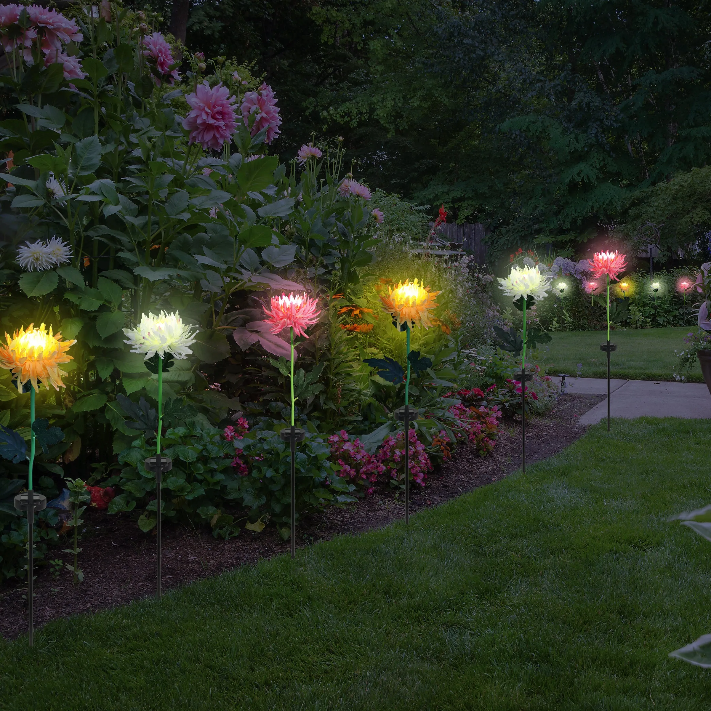 Solar White Mum Fabric Garden Stake with Color Changing LED, 5 by 30 Inches