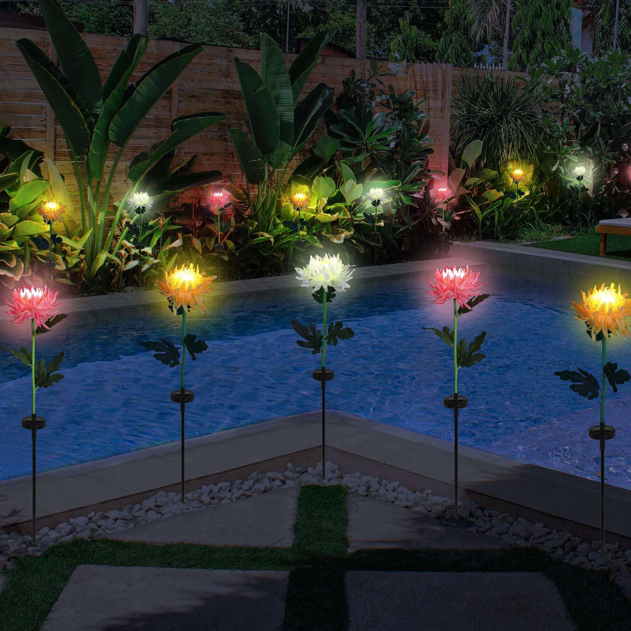 Solar White Mum Fabric Garden Stake with Color Changing LED, 5 by 30 Inches