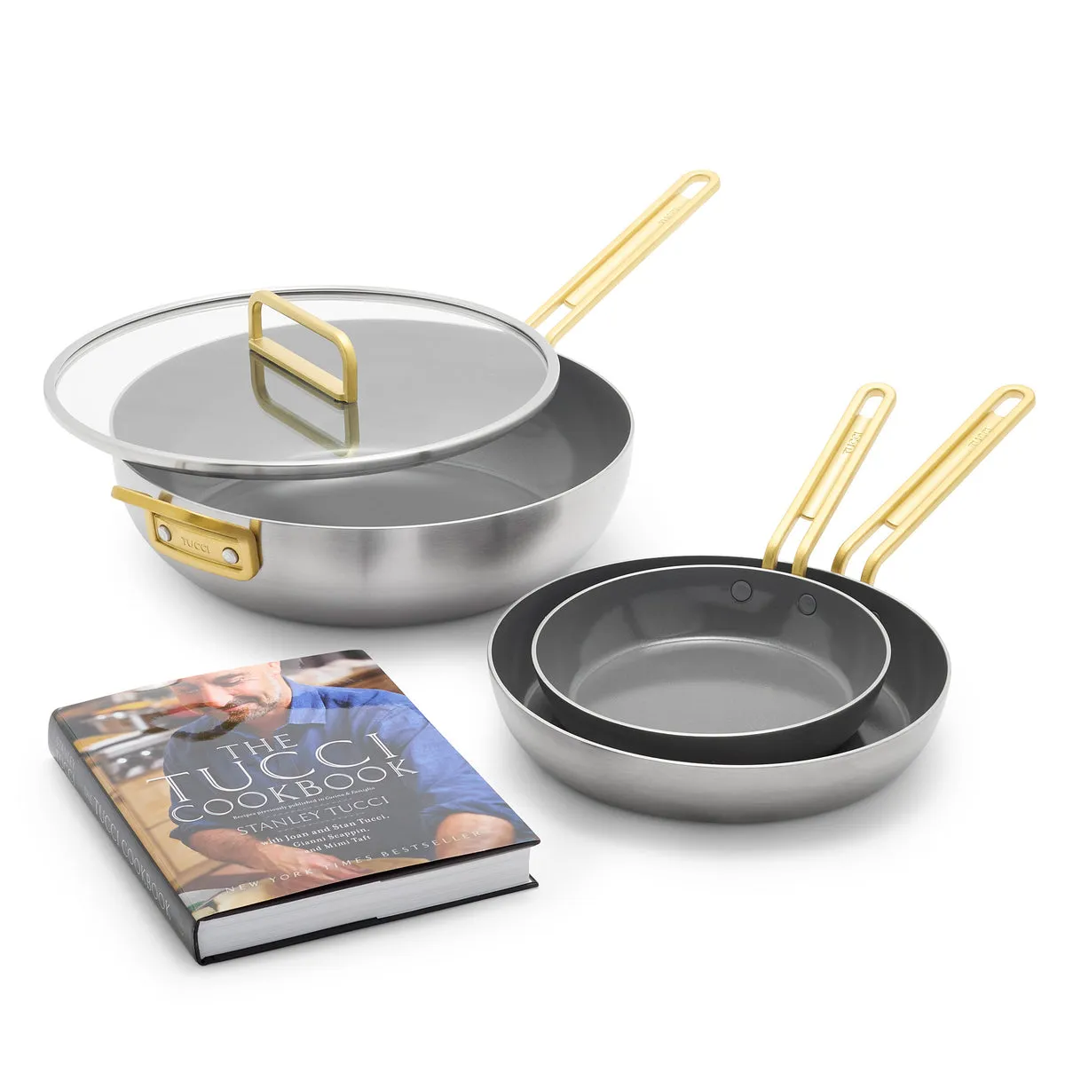 Stanley Tucci™ Stainless Steel Ceramic Nonstick 4-Piece Essentials Cookware Set with The Tucci Cookbook | Champagne Handles