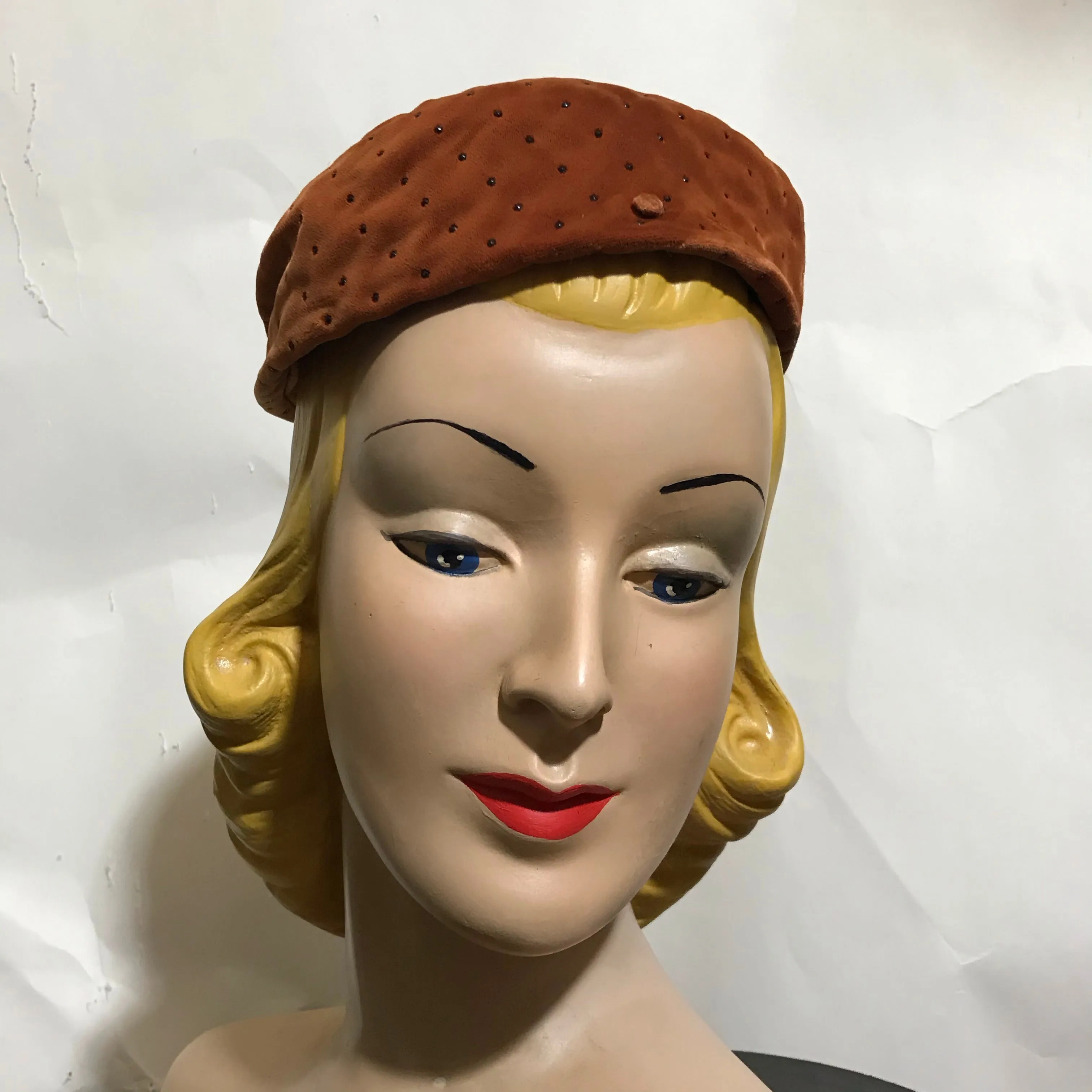 Steel Bead Dotted Tiny Pill Box Hat Cinnamon Velvet circa 1960s