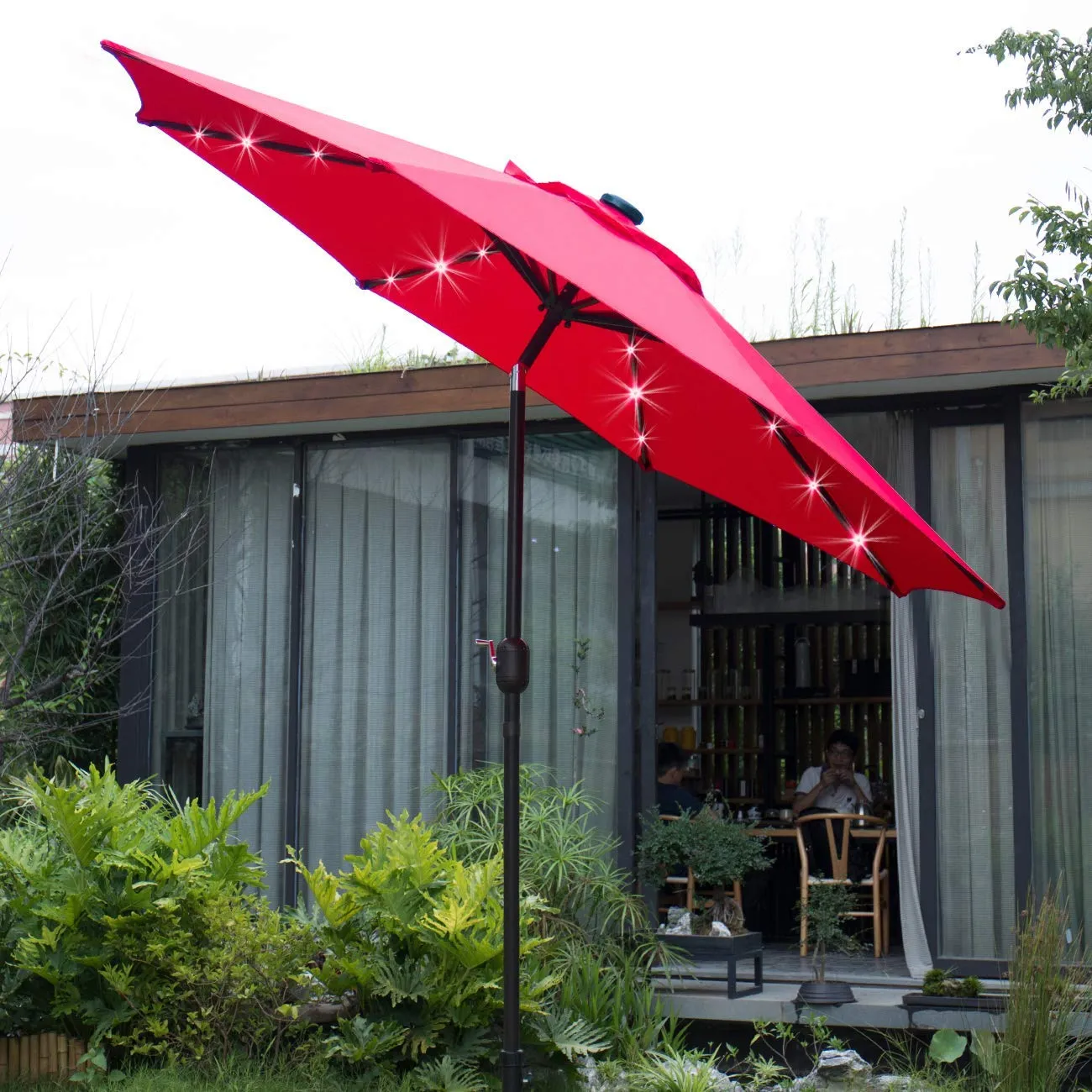 Sunnyglade 9' Solar LED Lighted Patio Umbrella with 8 Ribs/Tilt Adjustment and Crank Lift System (Red)