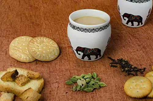 The Earth Store Re-useable Beautiful Elephant Ceramic Handmade Kullad/Cup Without Handle (White, 150 ml) Set of 6